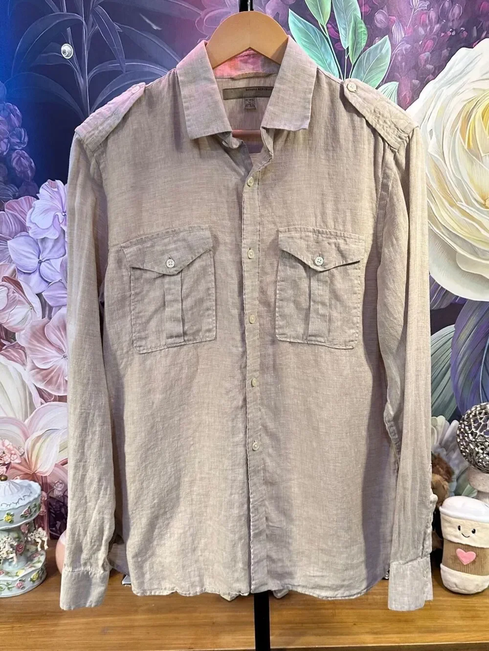 Banana Republic Heritage M 100% Linen Safari Utility Shirt Epaulet Khaki